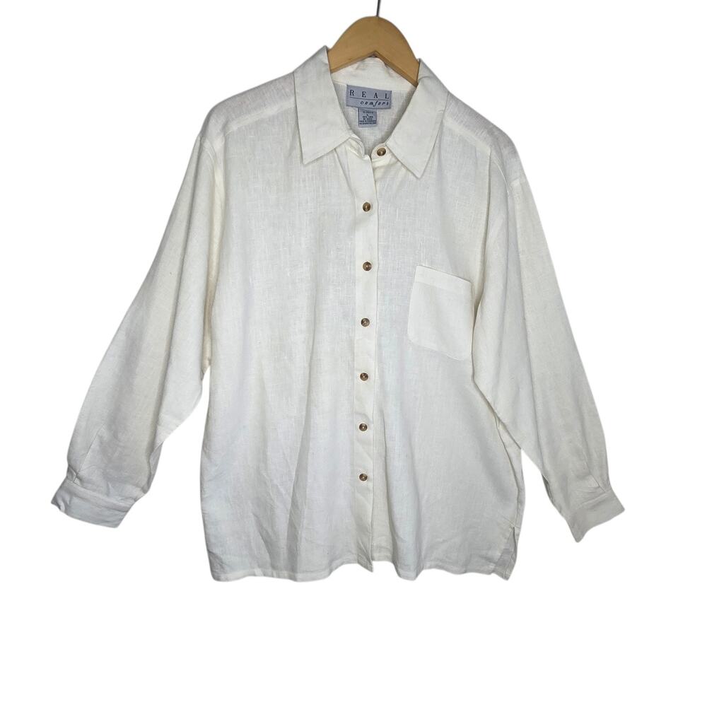 Real Comfort Mens 100% Linen Ivory Button Shirt SZ L Coastal Resort Casual